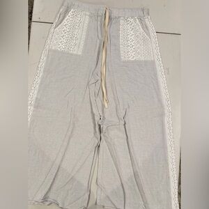 Ces Femme Light Gray Wide-Leg Pants with White Lace Trim